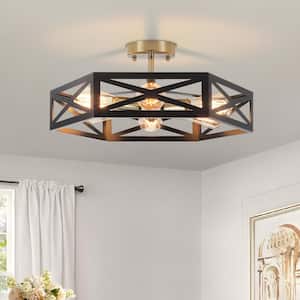 19.69 in. 6-Light Black and Gold Modern Industrial Metal Hexagonal Semi-Flush Mount Ceiling Light
