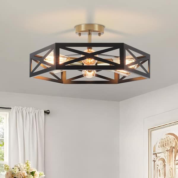 GoYeel 19.69 in. 6-Light Black and Gold Modern Industrial Metal Hexagonal Semi-Flush Mount Ceiling Light
