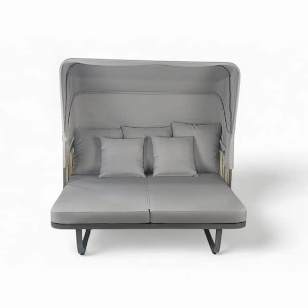Sudzendf Gray Metal Outdoor Patio Day Bed, Sunbed with Gray Cushions and Detachable Pillows