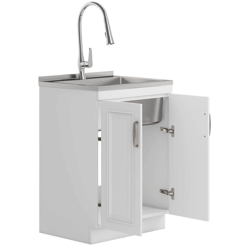 Darwin White 24 Inch Laundry Cabinet with Stainless Steel Sink