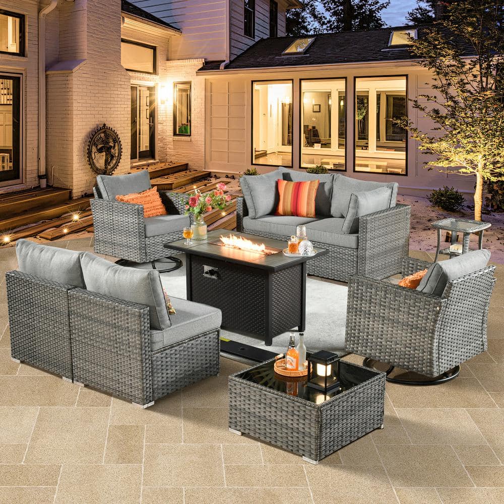 Daffodil H Gray 9-Piece Wicker Patio Fire Pit Conversation Sofa Set with Swivel Rocking Chairs and Dark Gray Cushions price history on PriceWatchPro