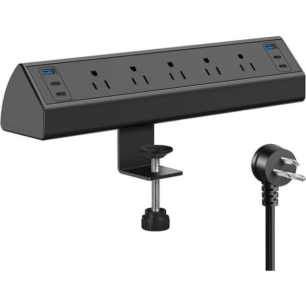 Lukyamzn 5-Outlet Power Strip with USB Port and 6 ft. Cord - Fits 1.6 in. Tabletop Edge in Black