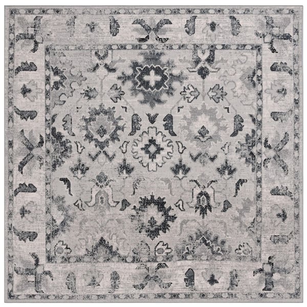 Odyssey 7 ft. x 7 ft. Gray/Black Floral Border Square Area Rug