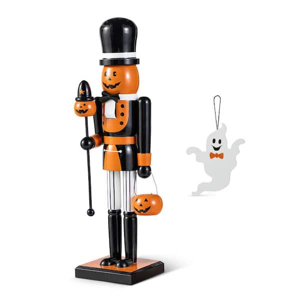18.50 in. H Halloween Wooden Pumpkin Nutcracker with Ghost Ornament