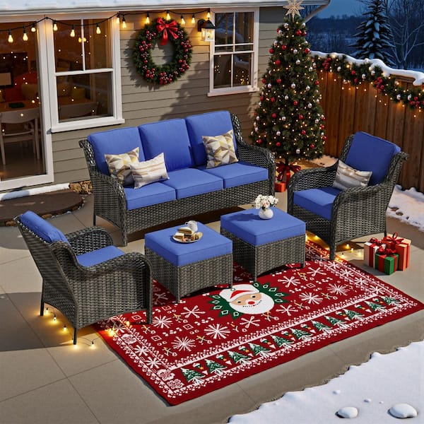 Clario 5-Piece Wicker Outdoor Furniture Patio Conversation Seating Set with Navy Blue Cushion & Ottomans for Backyard