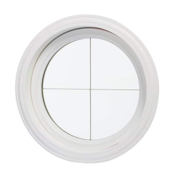 TAFCO WINDOWS 24.5 in. x 24.5 in. Clear Glass Round Picture Vinyl Insulated Window with Platinum Cross Design, White