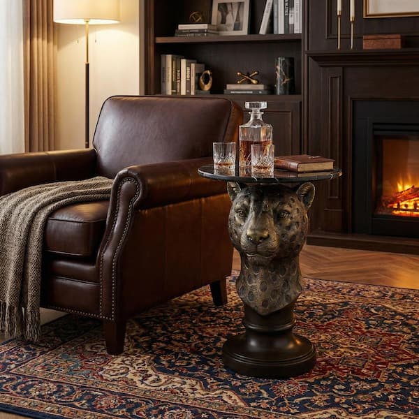 19.69 in. Antique Brown Leopard Head Accent Table Animal Sculpture End Table with Faux Marble Top