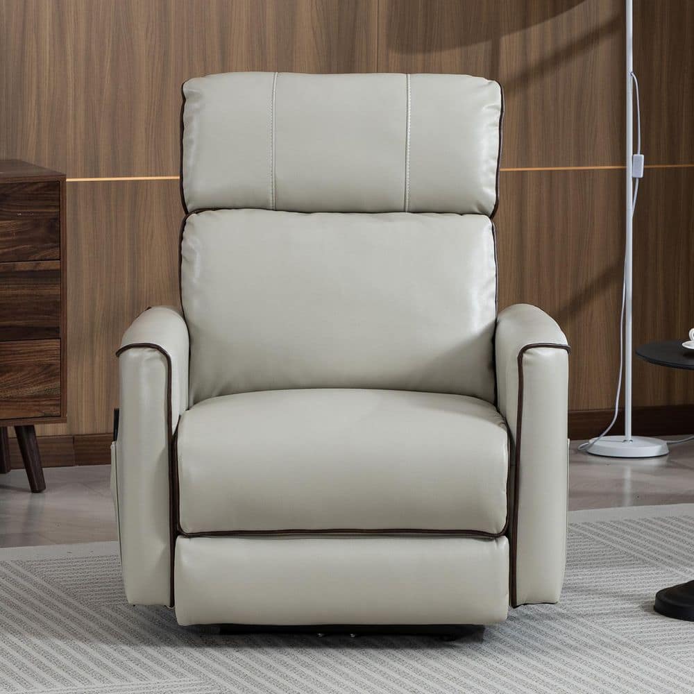 Greige leather recliner chair in a modern living room setting.