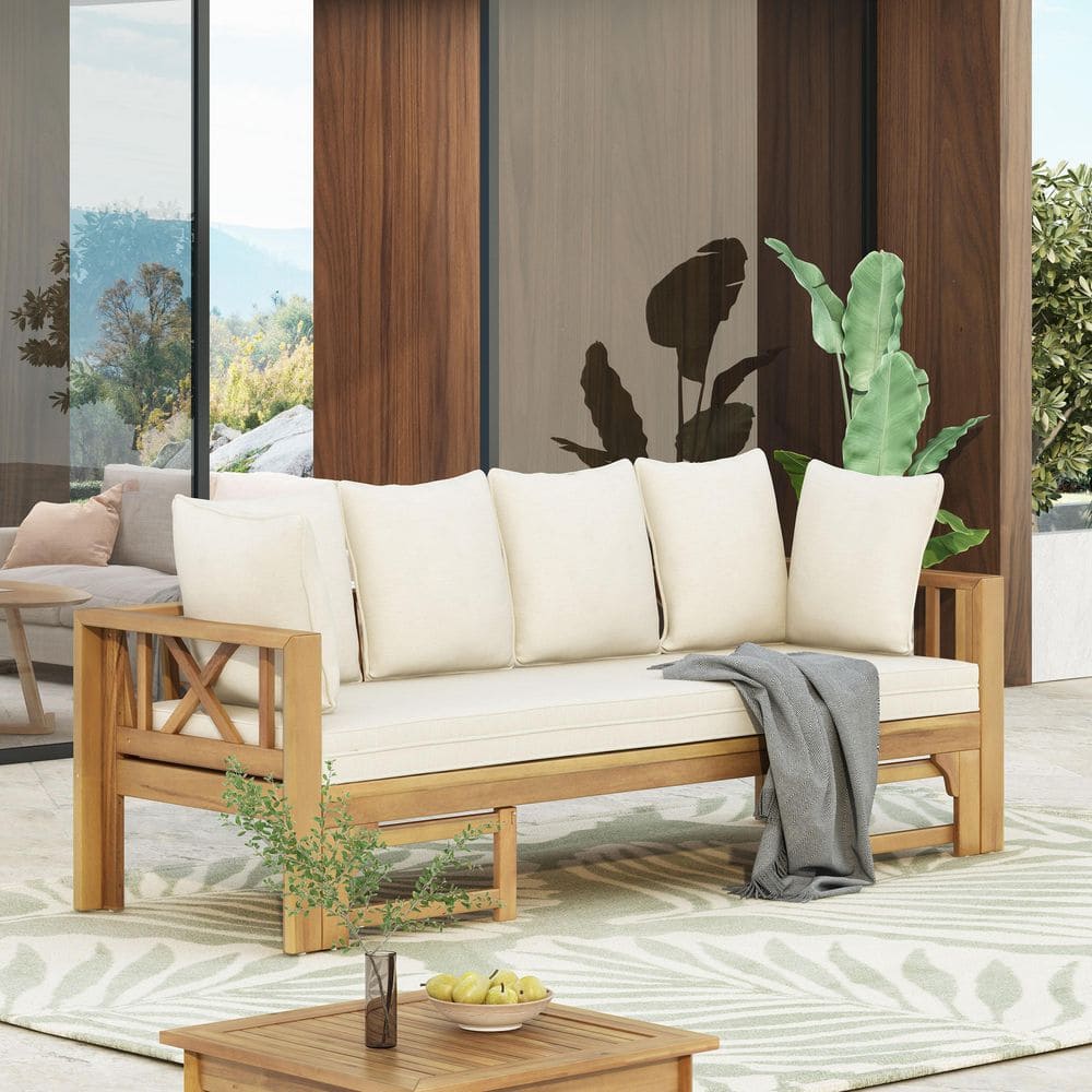 26 in. Teak Brown Outdoor Long Beach Day Bed Sofa with Water Reasistant Cus