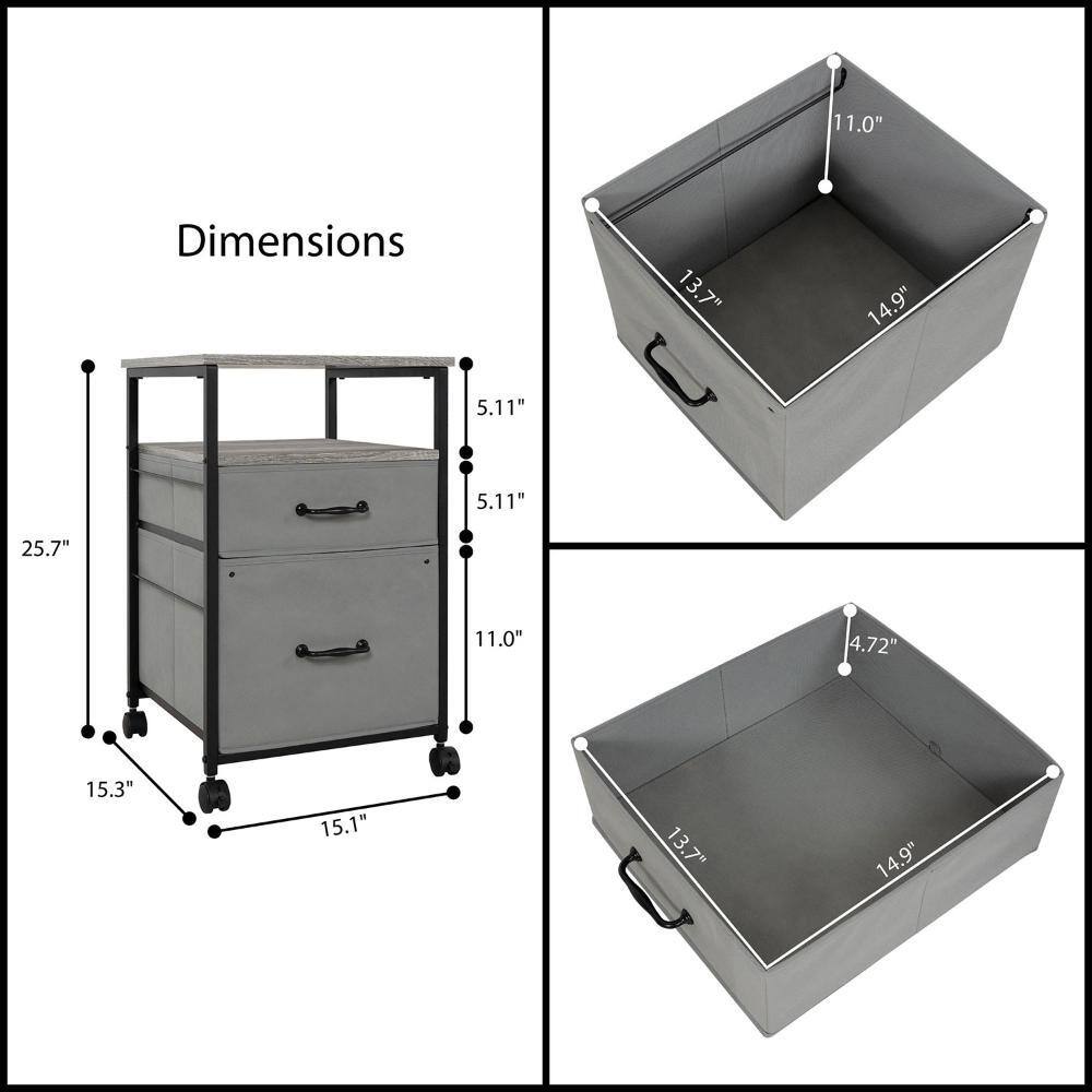 Gray Metal and Wood Rolling 2-Drawer Nightstand