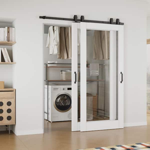 64 in. x 80 in. (Double 36 in. ) 1 Lite Clear Glass White Primed MDF Sliding Barn Door with Hardware Kit Bypass