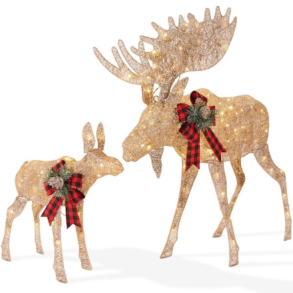 60 in. Gold 2-Piece Christmas Moose Family Set with 370 LED Lights