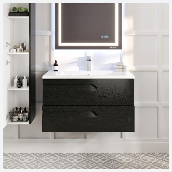 Joyous 32 in. W x 18 in. D x 22.5 in. H Floating Bath Vanity in Black wood with White Porcelain Top