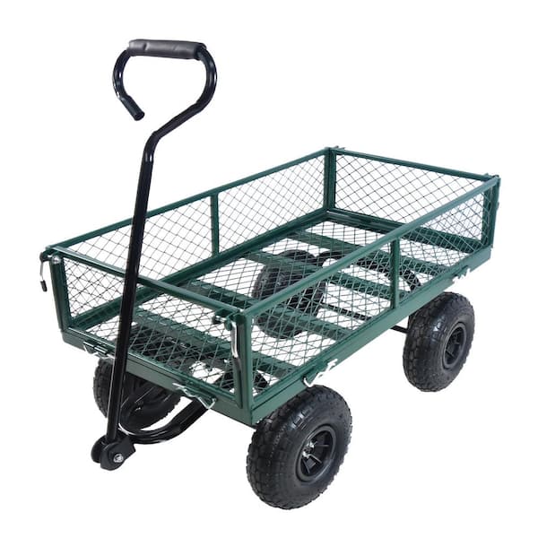 Sudzendf 3.5 cu. ft. Mesh Steel Frame Wagon Heavy-Duty Push Garden Cart with Removable Sides for Outdoor Lawn Landscape in Green