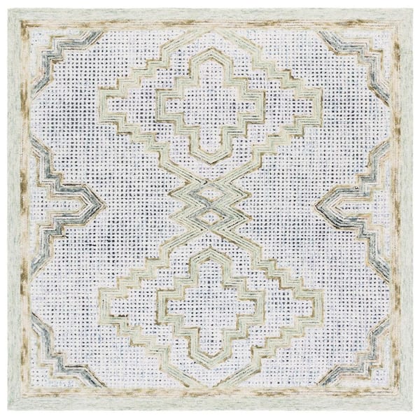 Ebony 6 ft. x 6 ft. Green/Ivory Distressed Border Square Area Rug