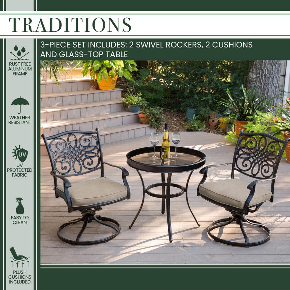 Elegant Traditions 3-Piece Bronze Bistro Set with Swivel Chairs and Glass-top Table