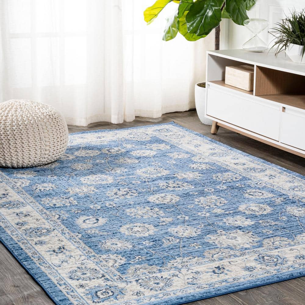 3' x 5' Blue and Ivory Floral Synthetic Rectangular Rug