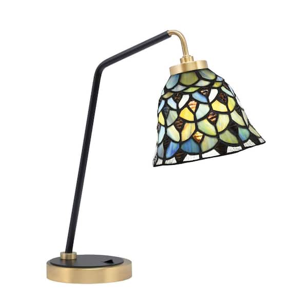 Toltec Lighting Delgado 16.5 in. Matte Black and New Age Brass Desk Lamp with Crescent Art Glass