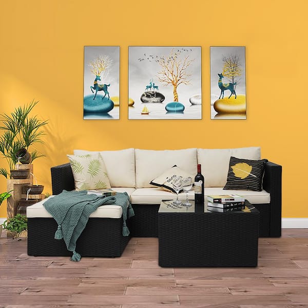 Maypex Black 3-Piece Wicker Outdoor Sectional Sofa Set with Beige Cushions