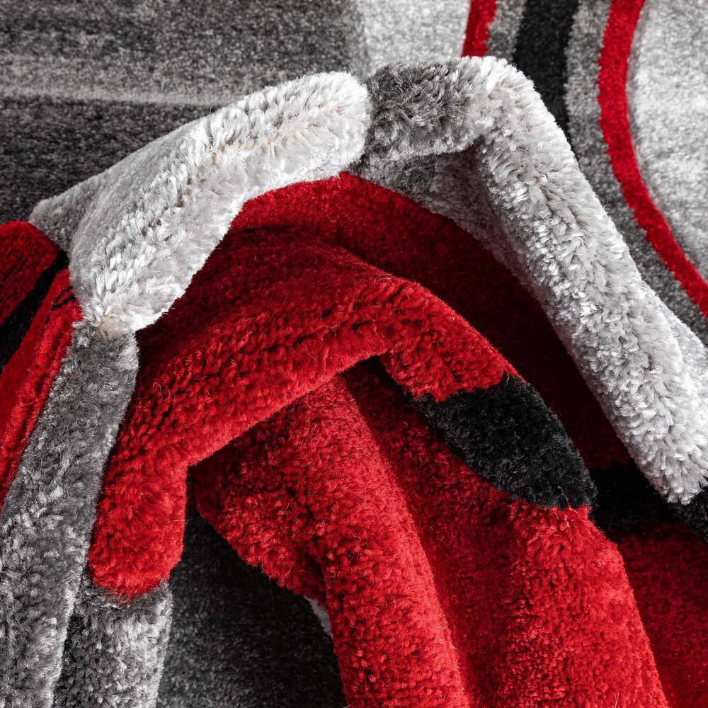 Ruby Galaxy Waves Red and Gray Geometric Runner Rug 2' x 7'
