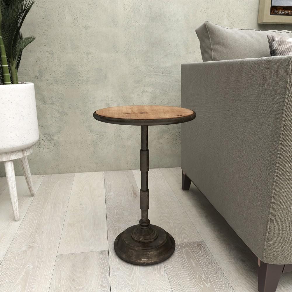 Industrial Black Metal and Brown Wood Round Accent Table