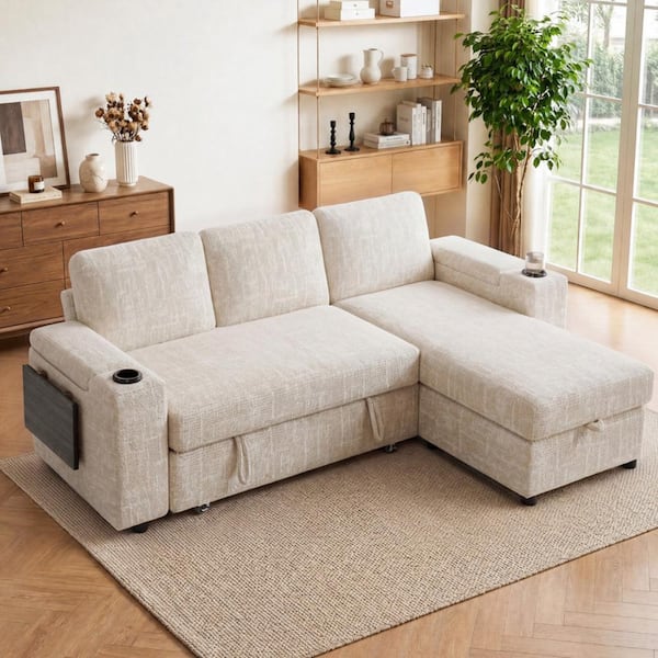 85" 3-Seat L Modular Chenille Sleeper Sofa,Storage Chaise, USB,Cup Holders, Side Table,Storage Arms,Tool-Free Assembly