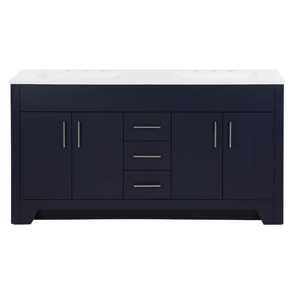Branine 61 in. Double Sink Deep Blue Bath Vanity with White Cultured Marble Top (Assembled)