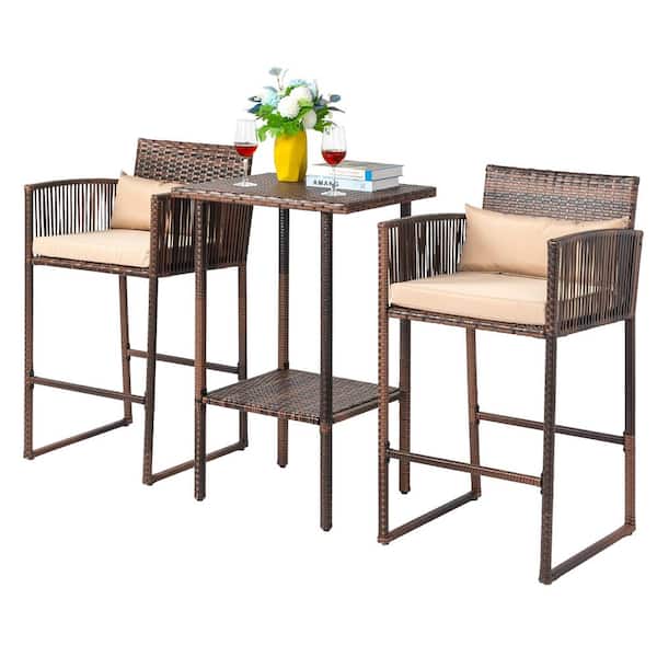 VINGLI Brown 3-Piece Wicker Bar Height Outdoor Serving Bar Set with Beige Cushions Outdoor Bar Set with Storage Shelf
