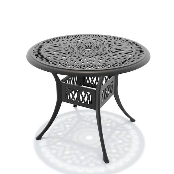 Black Round Cast Aluminum Outdoor Patio Dining Table with Umbrella Hole