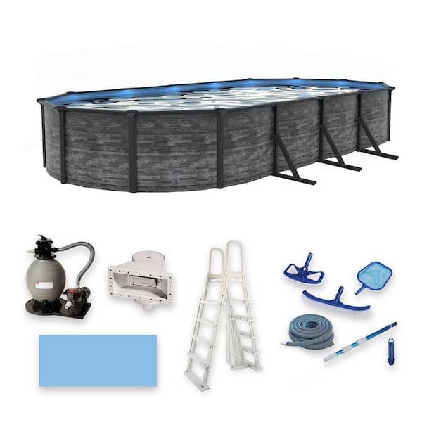 Marbella 12 x 24 ft. Oval 52 in. Deep Steel Wall Above Ground Swimming Pool Package w/ 6 in. Top Rail
