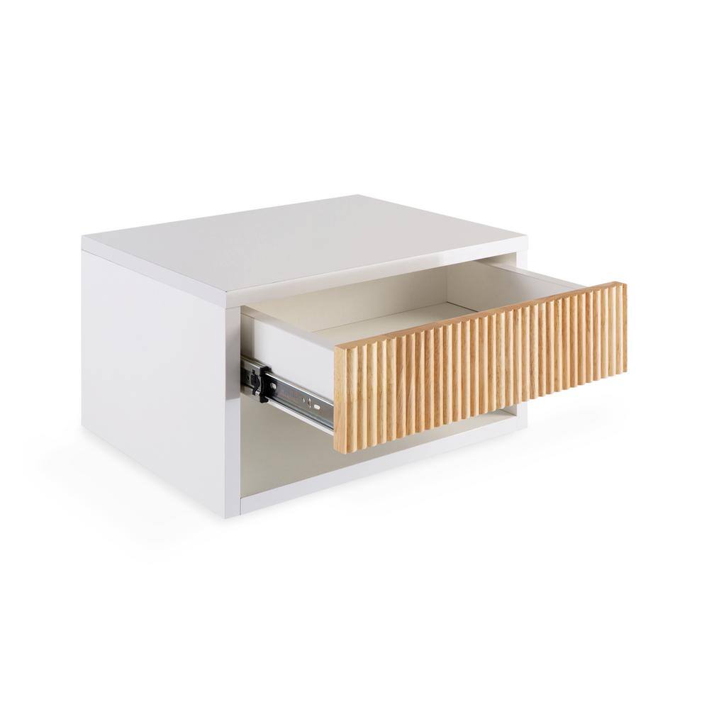 White MDF Floating Nightstand with Rattan Drawer