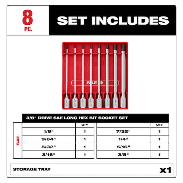 3/8 in. Drive SAE Long Hex Bit Socket Set (8-Piece)
