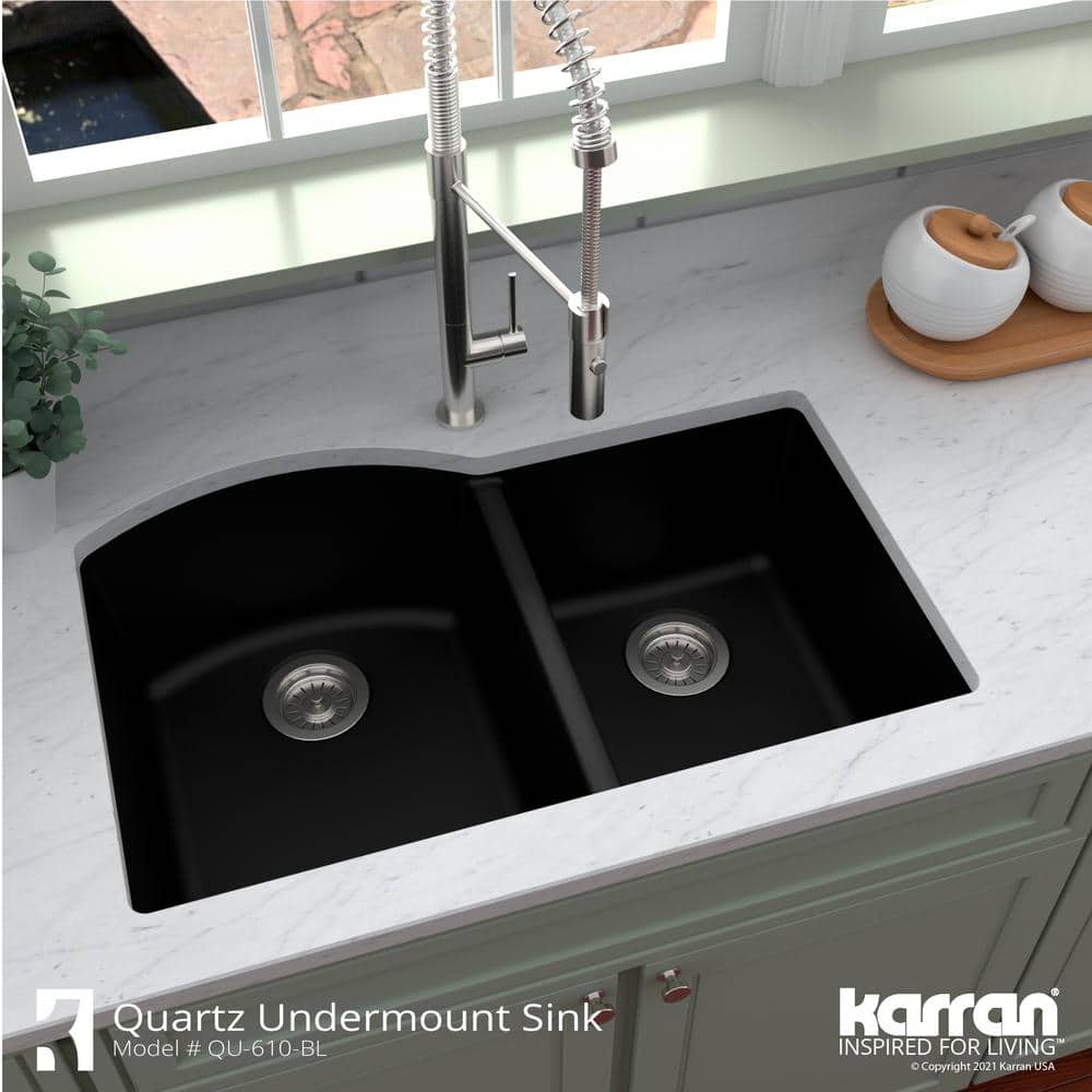 Black Quartz Composite 32'' x 21'' Double Bowl Undermount Kitchen Sink