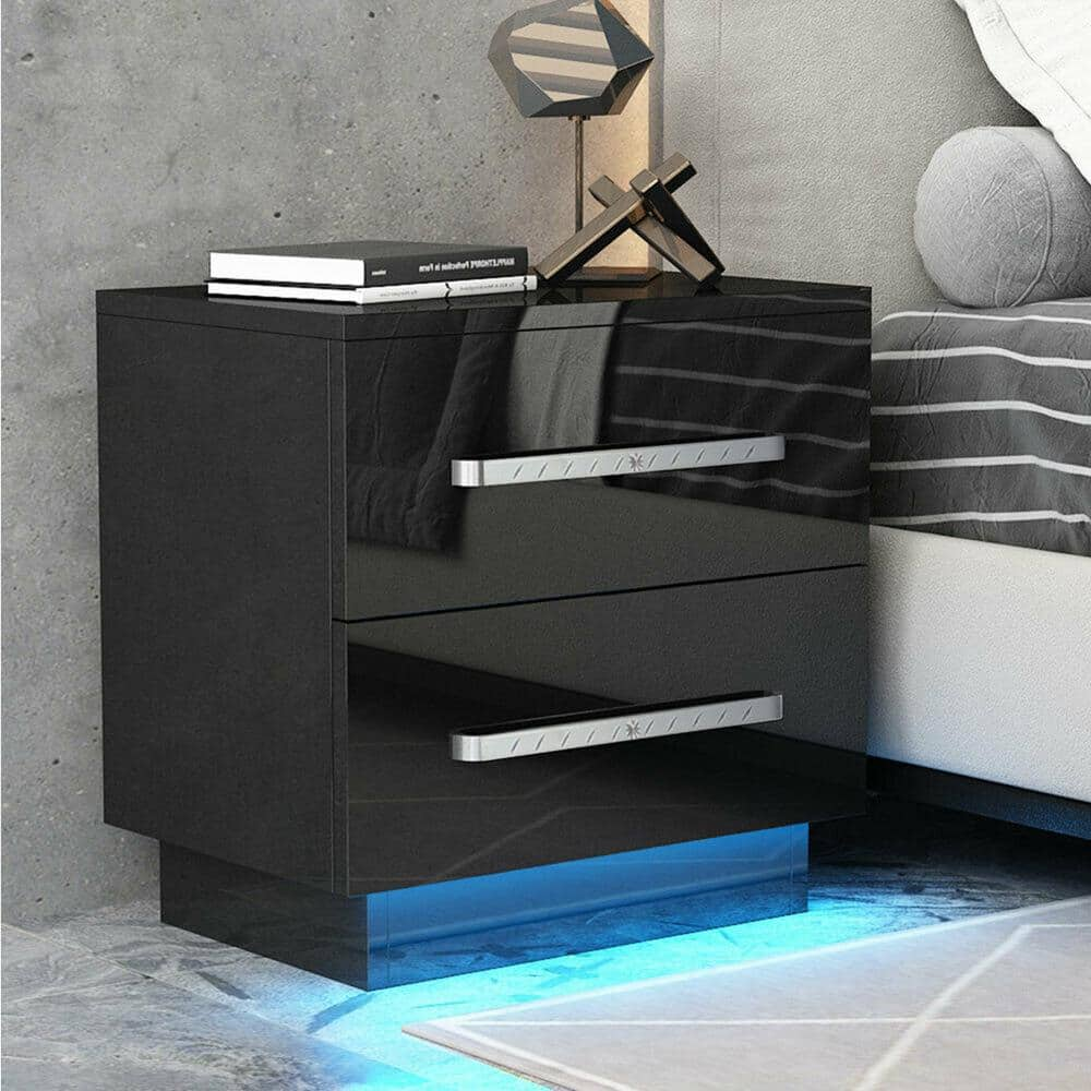 2-Drawer RGB LED Black Nightstand 19.7 in. H x 21.7 in. W x 14.6 in. D -  WOODYHOME