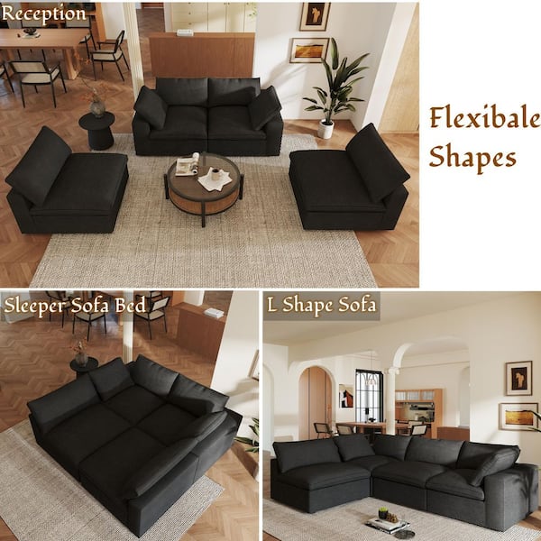 Deep Seat Cloud Couches 4-Piece Black Linen Convertible Living Room Set Loveseat and Sofa in Black with Washable Covers