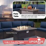 14-Piece Wicker Patio Conversation Set with 55000 BTU Gas Fire Pit Table and Glass Coffee Table and Navy Cushions