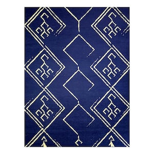 Aspen Navy Creme 5 ft. 4 in. x 8 ft. Machine Washable Tribal Moroccan Bohemian Polyester Non-Slip Backing Area Rug