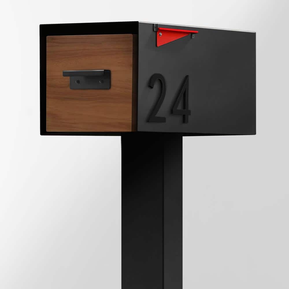Malone Black Steel Mailbox with Brass Number and Wood-Styled Door