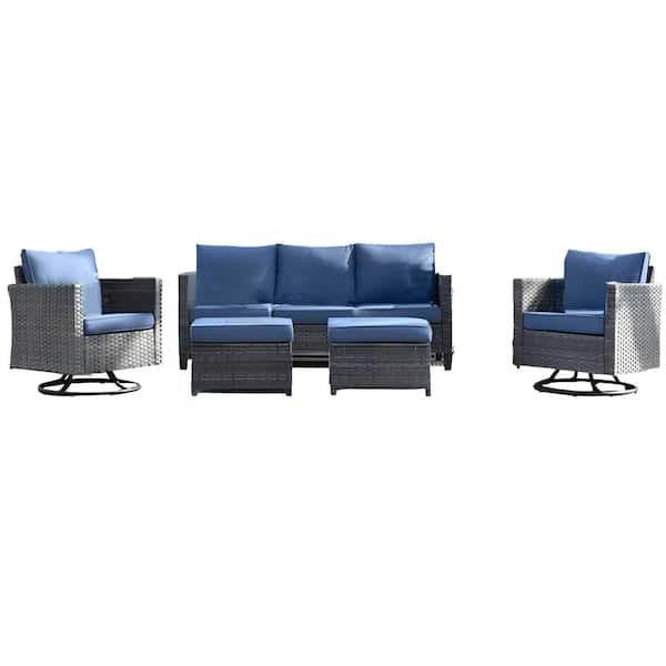 BALKENE HOME Cumberland 5-Piece Wicker Patio Conversation Set with Blue Cushions