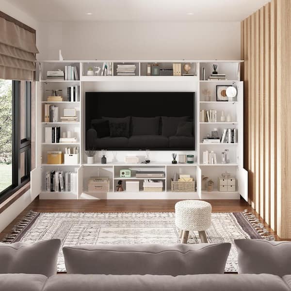 4-Piece White Wood Entertainment Center TV Console with Door Cabinets, Bookshelves, LED Lights for TVs up to 75 in.