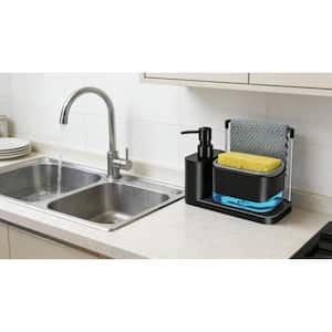 Kitchen Soap Dispenser Set, 5-in-1 Dual Soap Dispenser, Kitchen Sink Caddy with Sponge and Dishcloth Holder, Black
