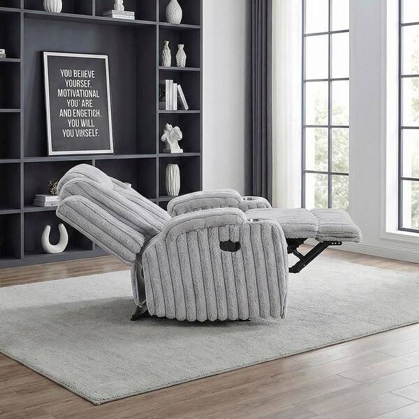 Lazzara Phoebe Light Gray Corduroy Manual Recliner with Cup