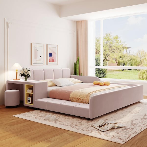 Pink Modern Luxury Wood Frame Queen Size Soft Velvet Upholstered Platform Bed with Bedside Desk and Round Stool