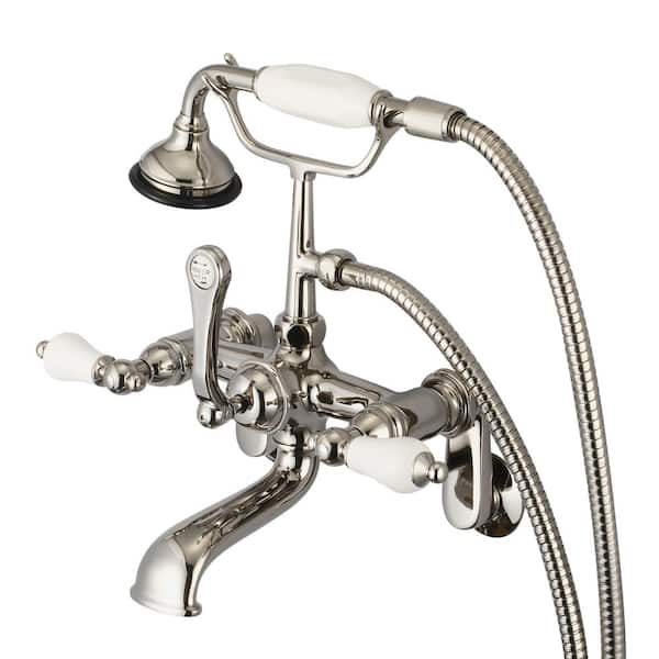 Water Creation 3-Handle Vintage Claw Foot Tub Faucet with Hand Shower and Porcelain Lever Handles in Polished Nickel PVD