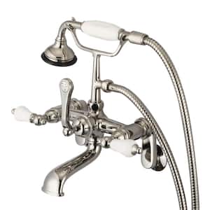 3-Handle Vintage Claw Foot Tub Faucet with Hand Shower and Porcelain Lever Handles in Polished Nickel PVD