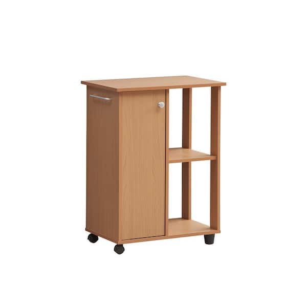 HODEDAH 23.6 in. Wide Beech Open Shelves and Cabinet Space Kitchen Cart