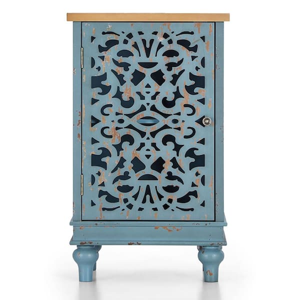 PHI VILLA 19 in. Blue Hollow-Carved MDF Modern Buffet Sideboard With Solid Wood Legs