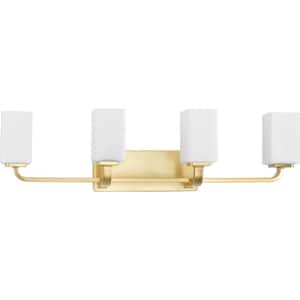 Cowan 33.5 in. 4-Light Satin Brass Vanity Light with Etched Glass Shades Modern for Bath and Vanity