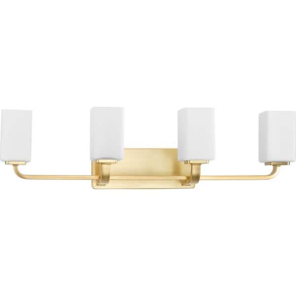 Progress Lighting Cowan 33.5 in. 4-Light Satin Brass Vanity Light with Etched Glass Shades Modern for Bath and Vanity