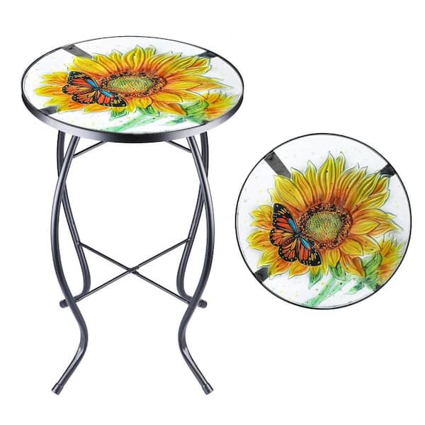 MUMTOP Outdoor Side Table - Small Mosaic Patio Table, 14" Round Accent End Coffee Table Glass Plant Stand For Garden Patio Living Room(Poppy
